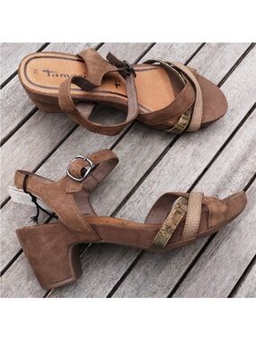 Tamaris Brown Suede Block Heel Sandals with Metallic Accent
